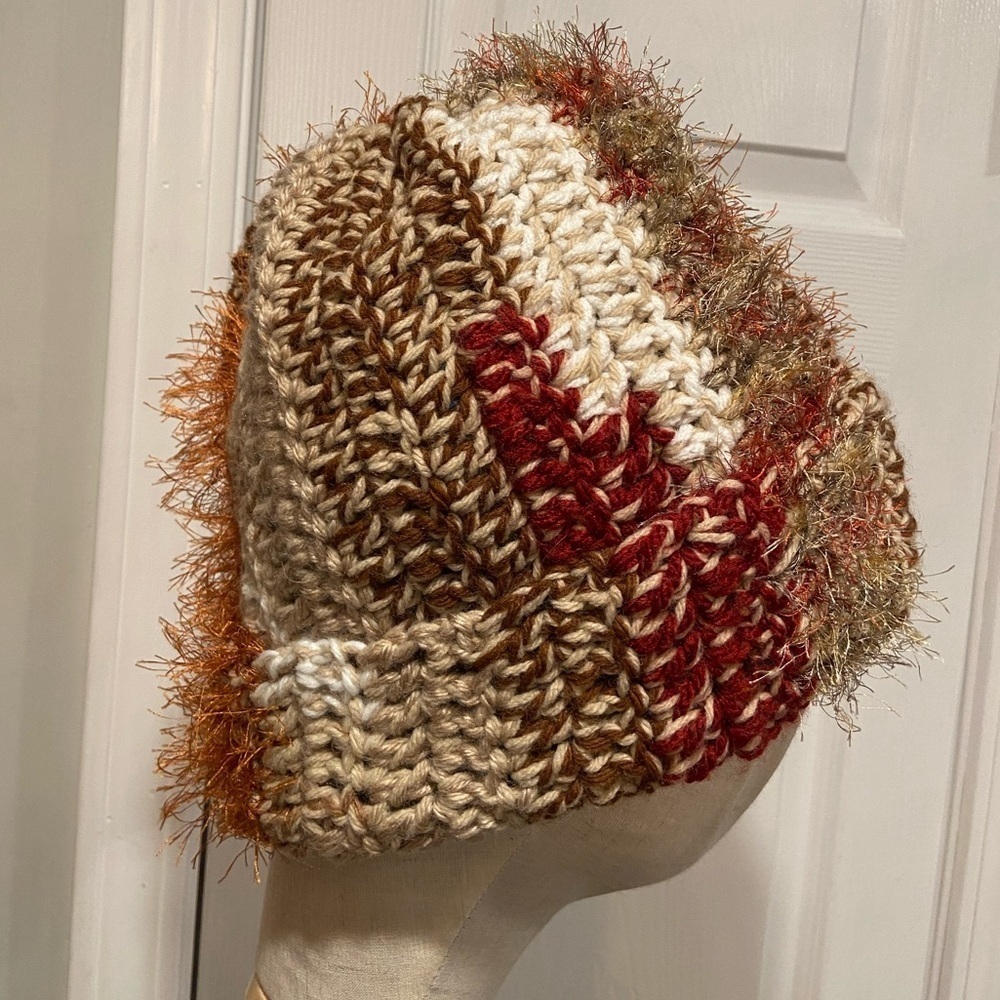 Handmade Crochet Chunky Ribbed Upcycled Multi Fiber Scrappy Yarn Beanie Hat